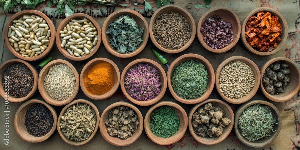 Aerial Perspective of Ingredients Used in Natural Herbal Medicine. This viewpoint showcases various components essential for creating herbal remedies naturally. Aerial Perspective of Ingredients Used in Natural Herbal Medicine. This viewpoint showcases various components essential for creating herbal remedies naturally.