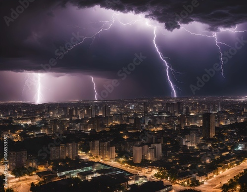 A Purple Lightning Storm Illuminating The City Night Sky photo