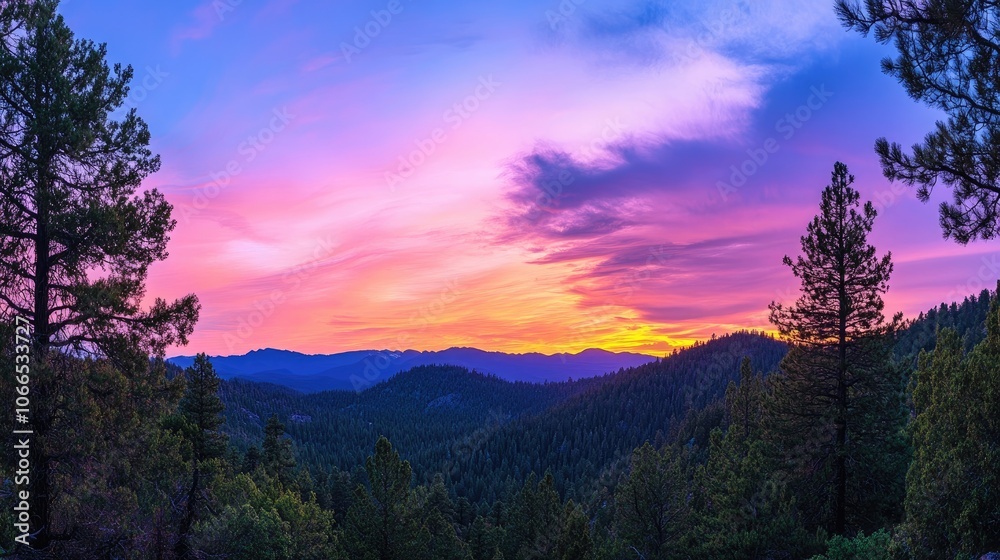 Obraz premium Panoramic view of a Sierra Nevada sunset with vibrant colors, set against a backdrop of a lush pine forest, capturing the essence of nature and wildlife, with space for text.