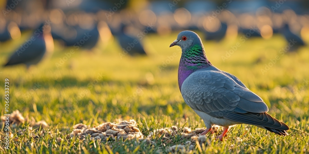 Obraz premium Pigeons searching for food in an open field are actively foraging. These birds are hunting for food in a grassy area as they peck at the ground.