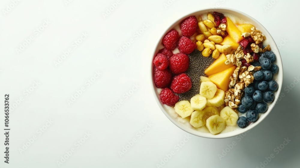 Tropical smoothie bowl filled with fresh fruit, nuts, seeds, and green supplements. A healthy choice for a balanced breakfast or snack, with ample copy space.
