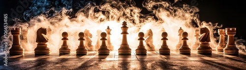 A dramatic chess scene with illuminated pieces, surrounded by smoke, highlighting strategy and competition.
