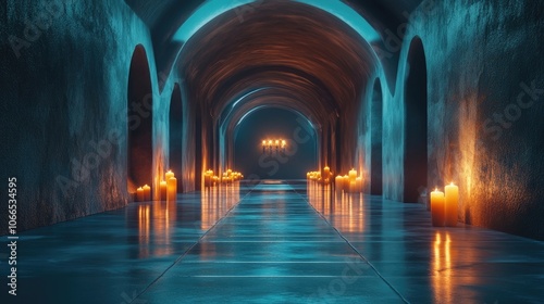 Candles create a mystical atmosphere in a serene spa tunnel, enhancing relaxation and tranquility. This captivating scene with candles offers ample space for text and design.