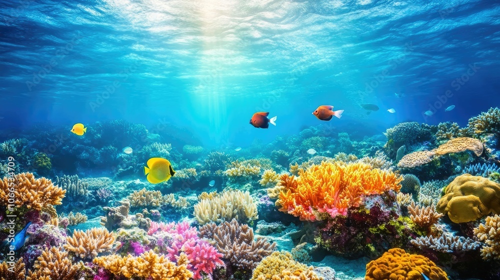 Fototapeta premium Vibrant coral reef teeming with diverse fish swimming among the colorful corals, creating a lively underwater scene perfect for capturing the beauty of marine life. Abundant space for text.