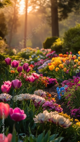 Wallpaper Mural A lush garden filled with colorful blooming flowers, including roses, tulips, and daisies Torontodigital.ca