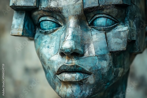 Abstract metallic sculpture of a human face, fragmented and textured.