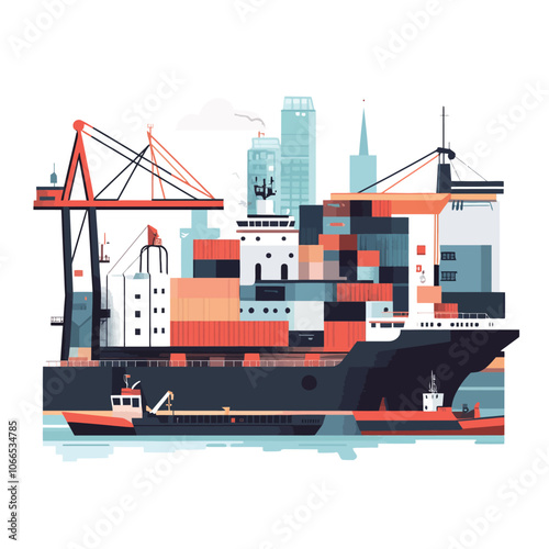 Cargo ship and container terminal. Flat style vector illustration on white background. 