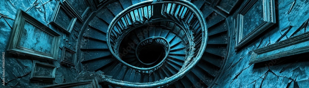 Fototapeta premium A spiral staircase winds downward into darkness, surrounded by ornate frames, evoking a mysterious and surreal atmosphere.