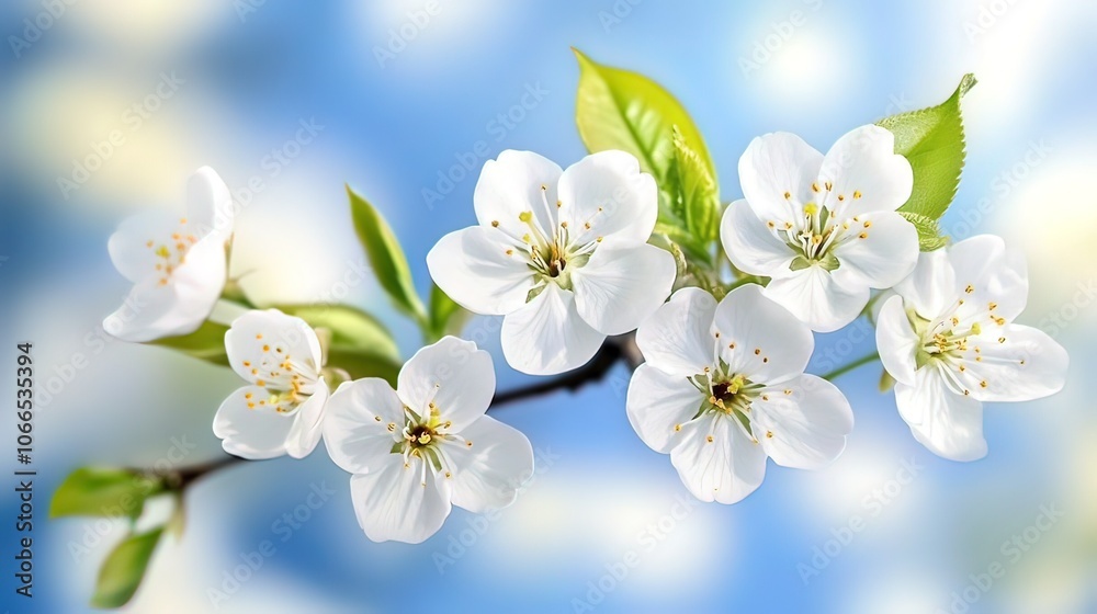 A close-up of delicate white cherry blossoms in full bloom against a soft blue sky. A close-up of delicate white cherry blossoms in full bloom against a soft blue sky.