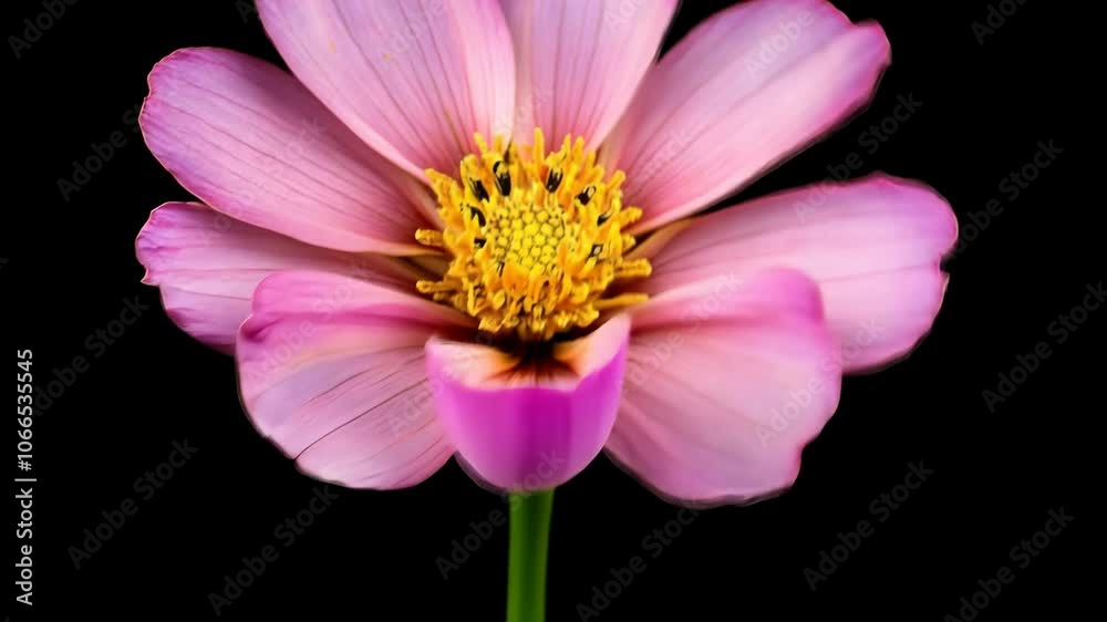 A pink cosmos flower blooms against a black background