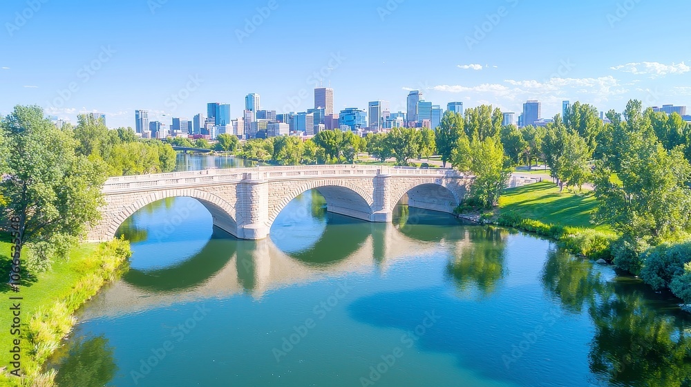 Aerial view of Denver cityscape featuring bridges over Cherry Creek, urban landscape showcasing architecture, waterways, and open spaces under clear skies Aerial view of Denver cityscape featuring bridges over Cherry Creek, urban landscape showcasing architecture, waterways, and open spaces under clear skies
