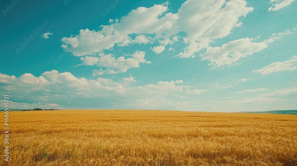 Golden wheat field under a vibrant blue sky reflects the essence of agricultural life, creating a harmonious agricultural concept with ample photo style copy space. Golden wheat field under a vibrant blue sky reflects the essence of agricultural life, creating a harmonious agricultural concept with ample photo style copy space.