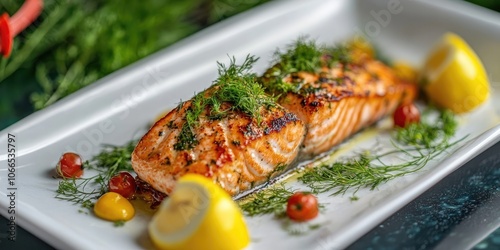 Herb and Lemon Infused Salmon Fillet, a Fresh Seafood Delight that offers a burst of flavor and a delightful culinary experience with every bite. photo