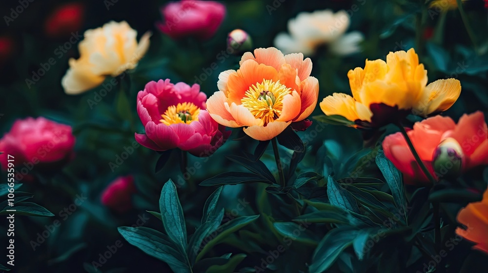 Close-up of vibrant peony flowers, highlighting their intricate details and beautiful colors, perfect for a spring flowers background. Ideal for creating a fresh atmosphere with copy space.