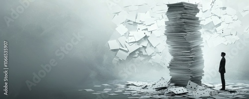 A solitary figure stands before a towering stack of papers amidst a foggy backdrop, evoking feelings of overwhelm and the weight of responsibility.