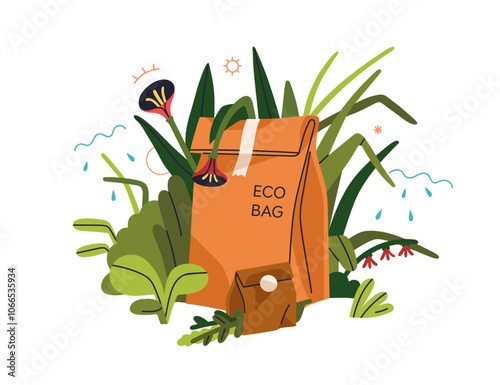 Eco-friendly package concept. Biodegradable paper bags and green leaf plants. Recycled kraft sacks, pack for organic produce. Zero-waste shopping. Flat vector illustration isolated on white background