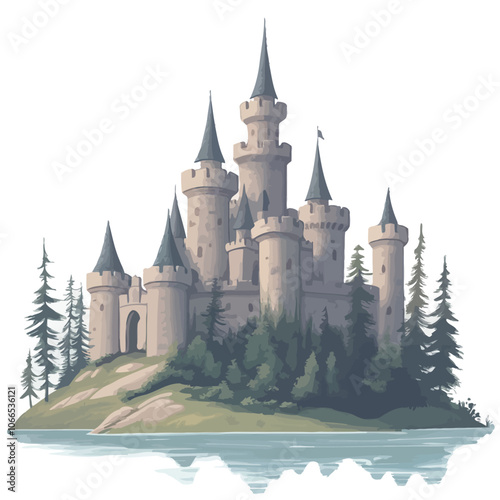 Castle on the island in the sea. Vector illustration for your design 