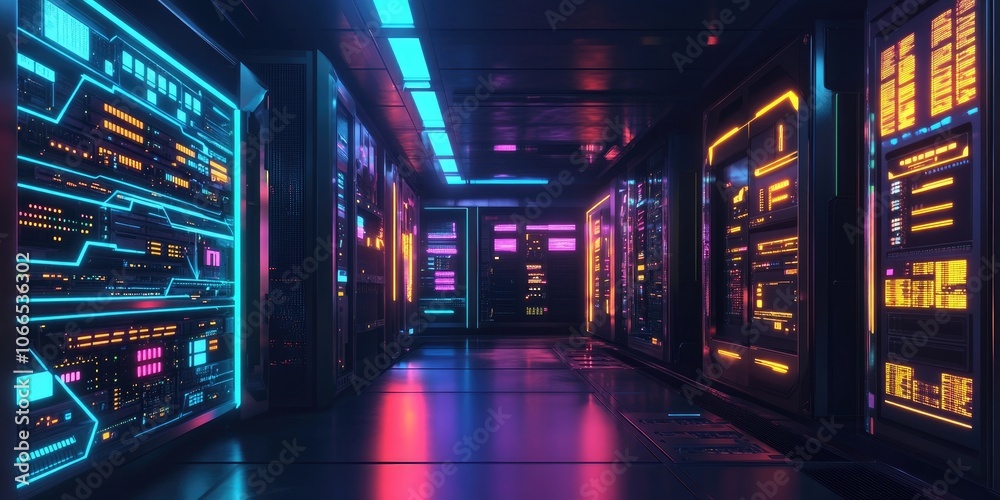 A Data Processing Center featuring blinking lights showcases its activity and operations through vibrant, flashing indicators that represent ongoing processes. A Data Processing Center featuring blinking lights showcases its activity and operations through vibrant, flashing indicators that represent ongoing processes.
