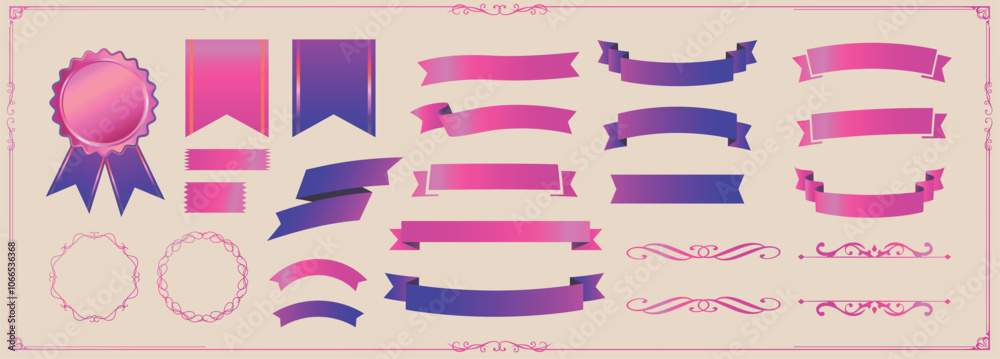 Ribbon decoration design set and antique borders and frames designけ