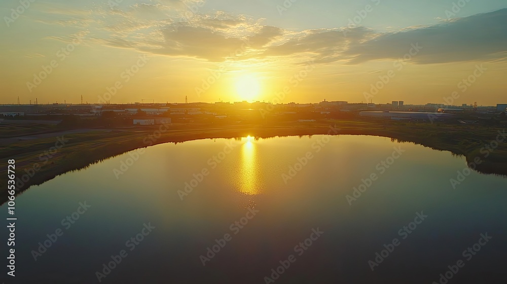 Naklejka premium Stunning aerial view captures a beautiful sunrise illuminating an industrial landscape alongside a serene lake, offering captivating scenery and ample copy space for design needs.