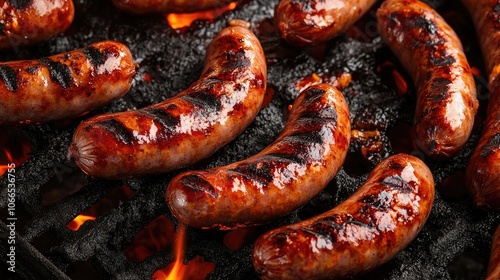 Sizzling summer BBQ captures the essence of outdoor cooking with beautifully grilled sausages adorned with charred bars, perfect for a mouthwatering feast. Ample photo space available. photo