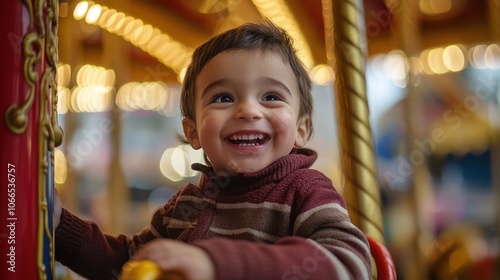 Portrait of a Joyful Young Boy on a Carousel