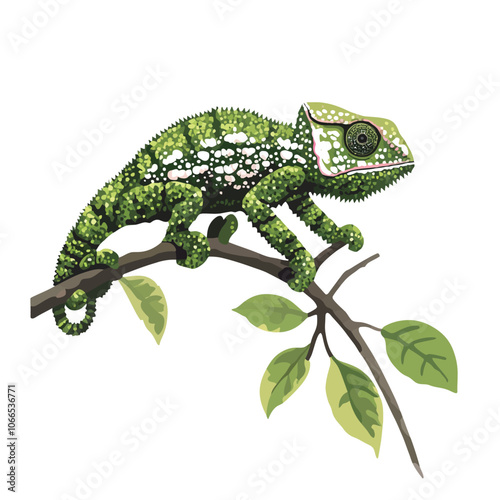 Chameleon on the branch. Vector illustration isolated on white background. 