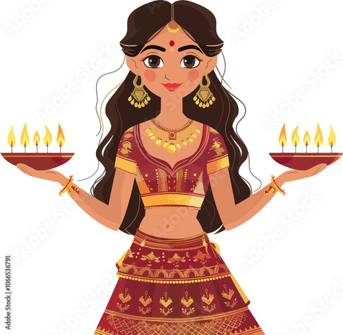 Indian girl in lehenga carrying a thali with diyas, celebrating Diwali