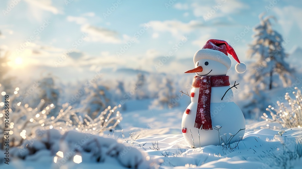 Obraz premium Cute Traditional Snowman Standing in Winter Landscape 8K