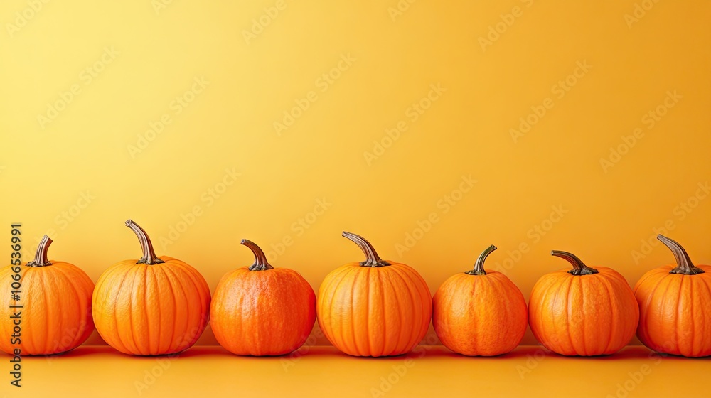 Charming row of orange pumpkins set against a warm yellow background, creating a cozy autumn scene. The vibrant orange pumpkins add a festive touch, with ample copy space for text. Charming row of orange pumpkins set against a warm yellow background, creating a cozy autumn scene. The vibrant orange pumpkins add a festive touch, with ample copy space for text.