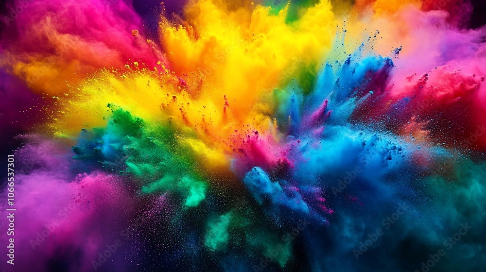 A vibrant explosion of colorful powder paint creates a beautiful rainbow effect against a black background.