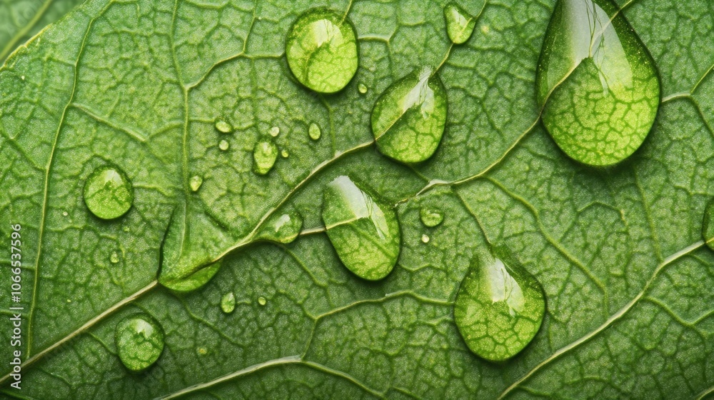 Fototapeta premium A stunning macro shot of droplets on a leaf captures the essence of nature, presenting droplets on a leaf with a realistic aesthetic perfect for background or design elements.