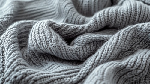 Cozy gray wool knit blankets and warm knit sweaters create a comforting atmosphere. The textures of the gray wool knit blankets invite relaxation, perfect for chilly days, with ample copy space.