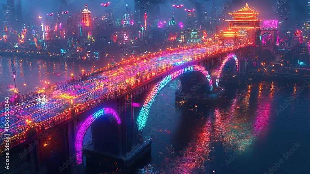 Obraz premium Neon Bridge in a Futuristic City