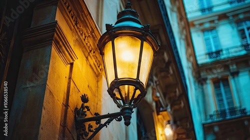 Vintage illuminated street lamp standing elegantly amidst classical architectural elements at night, creating a charming ambiance with soft light and intricate design. Copy space available.