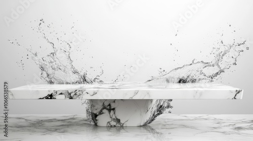 White marble table accompanied by a blurred splash image. This image creates an artistic effect, perfect for designs; raster images can enhance your creative work. photo