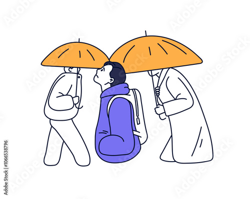 Sad person in apathy walks in rain. Unhappy depressed character wandering on street. Concept of loneliness in crowd. Upset lonely man despairs. Flat isolated outline vector illustration on white