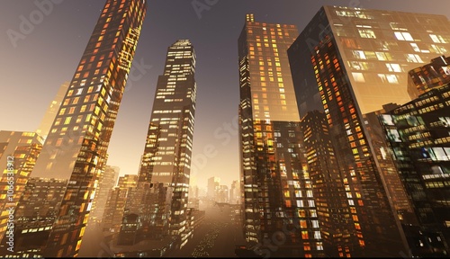 Evening city in the rays of the setting sun, skyscrapers in the night city, 3d rendering