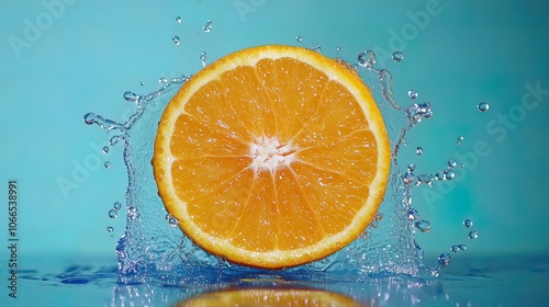 A fresh orange slice creates a splash of water against a blue background.