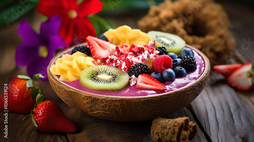 Vibrant smoothie bowl with fresh fruits and edible flowers photo