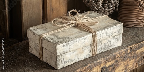 A traditional gift box encased in weathered paper and adorned with a nostalgic twine bow, showcasing its rustic allure and vintage charm. photo