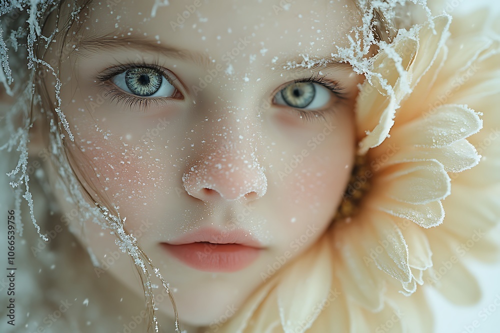 Closeup portrait of a girl with snowflakes and a flower in winter. Closeup portrait of a girl with snowflakes and a flower in winter.