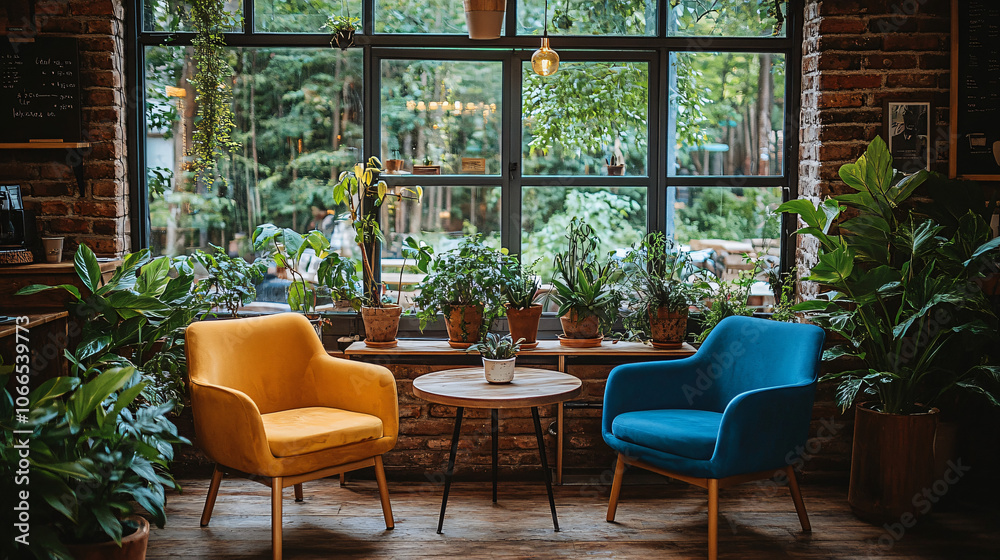 Fototapeta premium Cozy Seating Area in Warm, Inviting Coffee Shop Interior