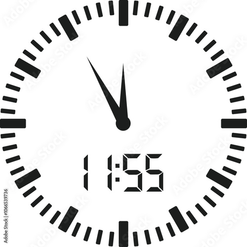 Analog and Digital Clock Combo at 11:55 - Countdown Timer Vector Illustration