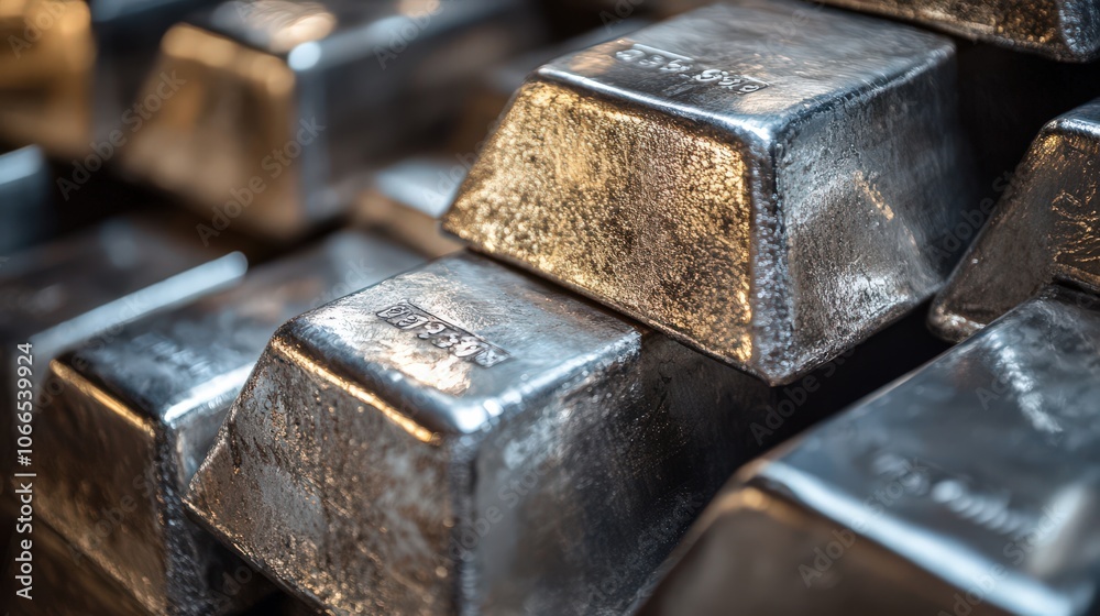 Stack of Silver Metal Ingots with Textured Surfaces, Displaying Industrial Raw Material in a Detailed Close-Up View Stack of Silver Metal Ingots with Textured Surfaces, Displaying Industrial Raw Material in a Detailed Close-Up View