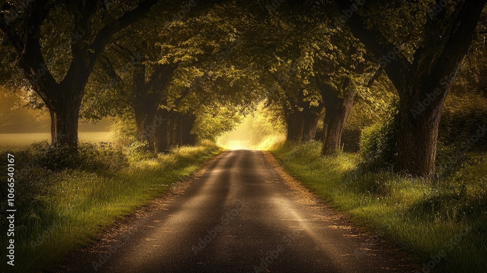 Fototapeta premium Empty road at night, surrounded by grass and trees, creates a tranquil scene perfect for wallpaper use. This captivating image of an empty road invites reflection and relaxation.