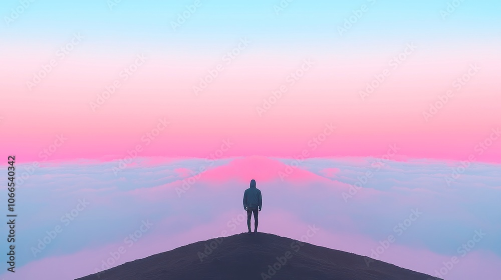 Solitary Summit Reflection, a young man gazes at a vibrant sunset sky, surrounded by majestic mountains and soft clouds, embracing tranquility and introspection in solitude. Solitary Summit Reflection, a young man gazes at a vibrant sunset sky, surrounded by majestic mountains and soft clouds, embracing tranquility and introspection in solitude.