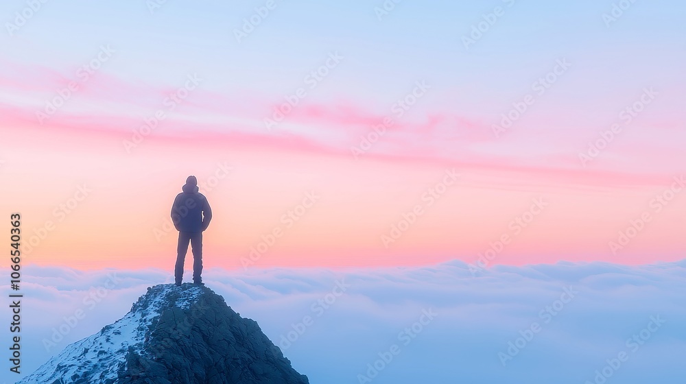 Solitary Wanderer at Dusk, a young man gazes upward from a mountain peak, surrounded by vibrant sunset clouds, embodying serenity and introspection in vastness. Solitary Wanderer at Dusk, a young man gazes upward from a mountain peak, surrounded by vibrant sunset clouds, embodying serenity and introspection in vastness.
