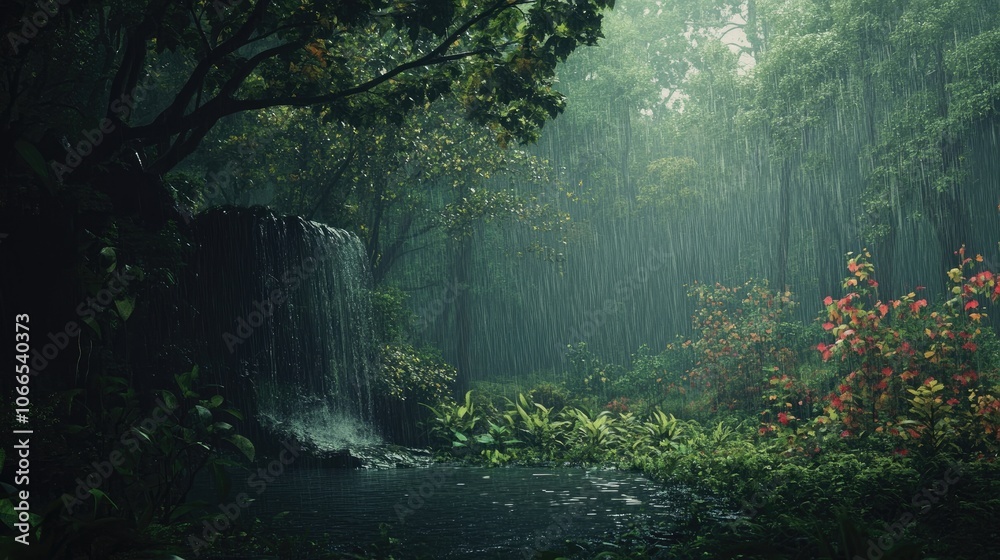 Fototapeta premium Rainy forest scene captures a beautiful view in early autumn, with lush greenery and vibrant colors creating a serene atmosphere. Perfect for nature-themed projects with ample copy space.