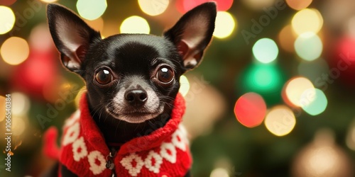 A cute black Chihuahua dressed in a cheerful holiday outfit, ready to celebrate in style. This festive little pup is all decked out for the joyous season! photo